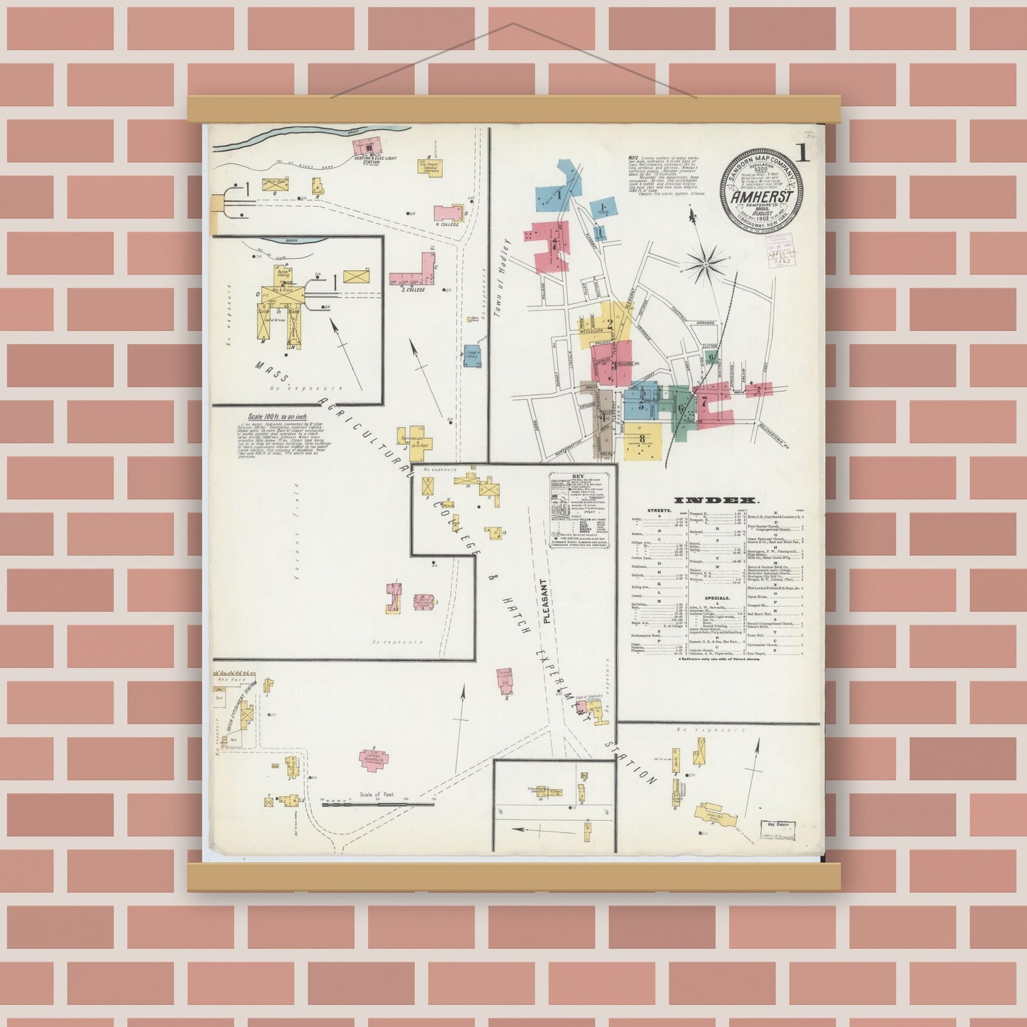 Old map wall art mockup — magnetic wood frame on brick wall — Sanborn Fire Insurance Map from Amherst, Hampshire County, Massachusetts (1902) - Complete Map Set