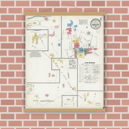 Old map wall art mockup — magnetic wood frame on brick wall — Sanborn Fire Insurance Map from Amherst, Hampshire County, Massachusetts (1902) - Complete Map Set