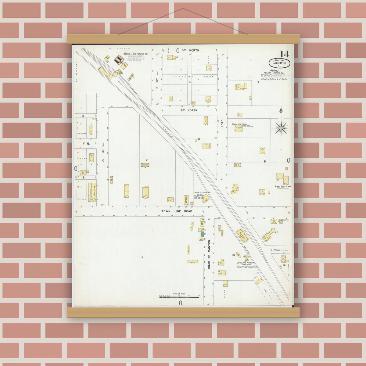 Old map wall art mockup — magnetic wood frame on brick wall — Sanborn Fire Insurance Map from Canton, Fulton County, Illinois (1902), Sheet #0014