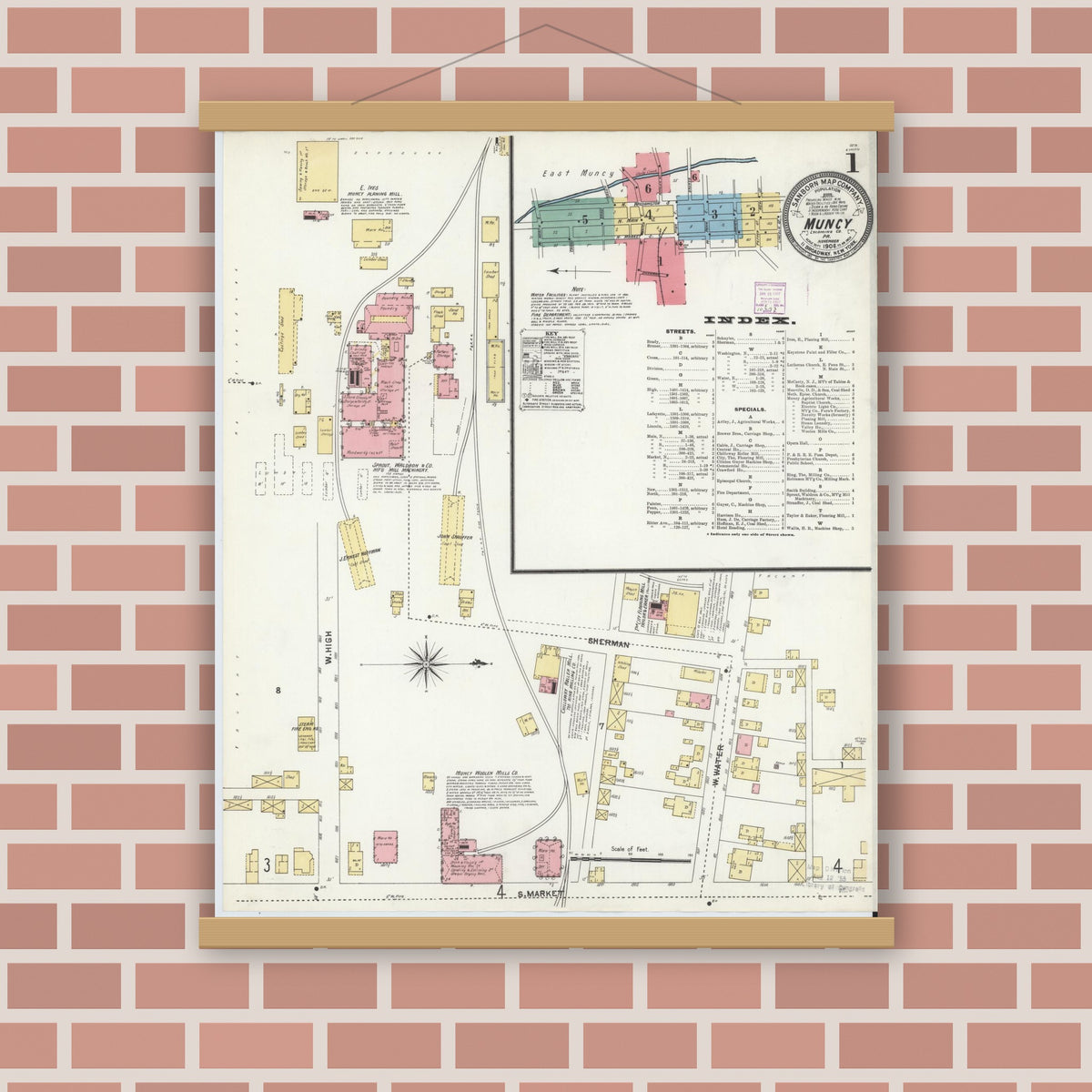 Old map wall art mockup — magnetic wood frame on brick wall — Sanborn Fire Insurance Map from Muncy, Lycoming County, Pennsylvania (1906), Sheet #0001