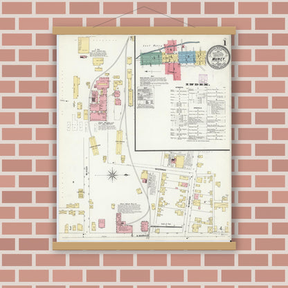 Old map wall art mockup — magnetic wood frame on brick wall — Sanborn Fire Insurance Map from Muncy, Lycoming County, Pennsylvania (1906), Sheet #0001