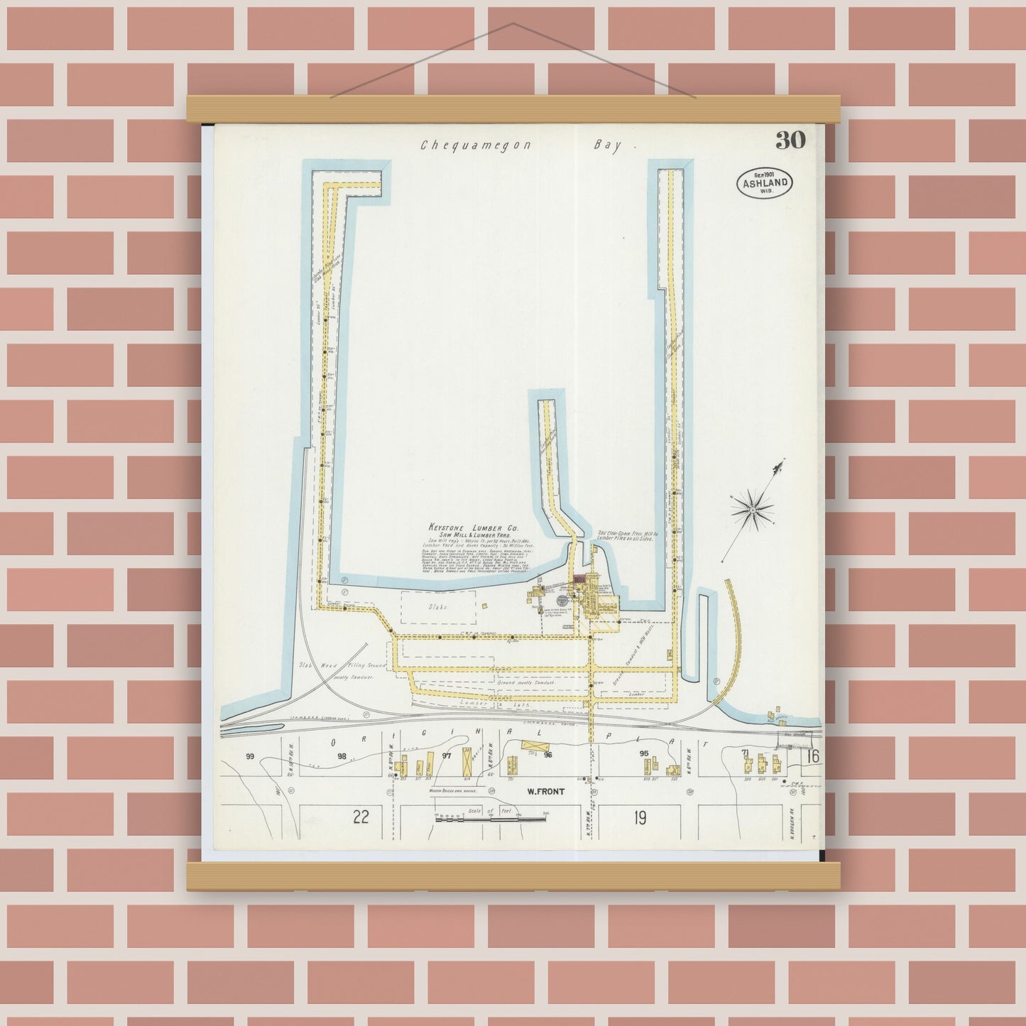 Old map wall art mockup — magnetic wood frame on brick wall — Sanborn Fire Insurance Map from Ashland, Ashland County, Wisconsin (1901), Sheet #0030