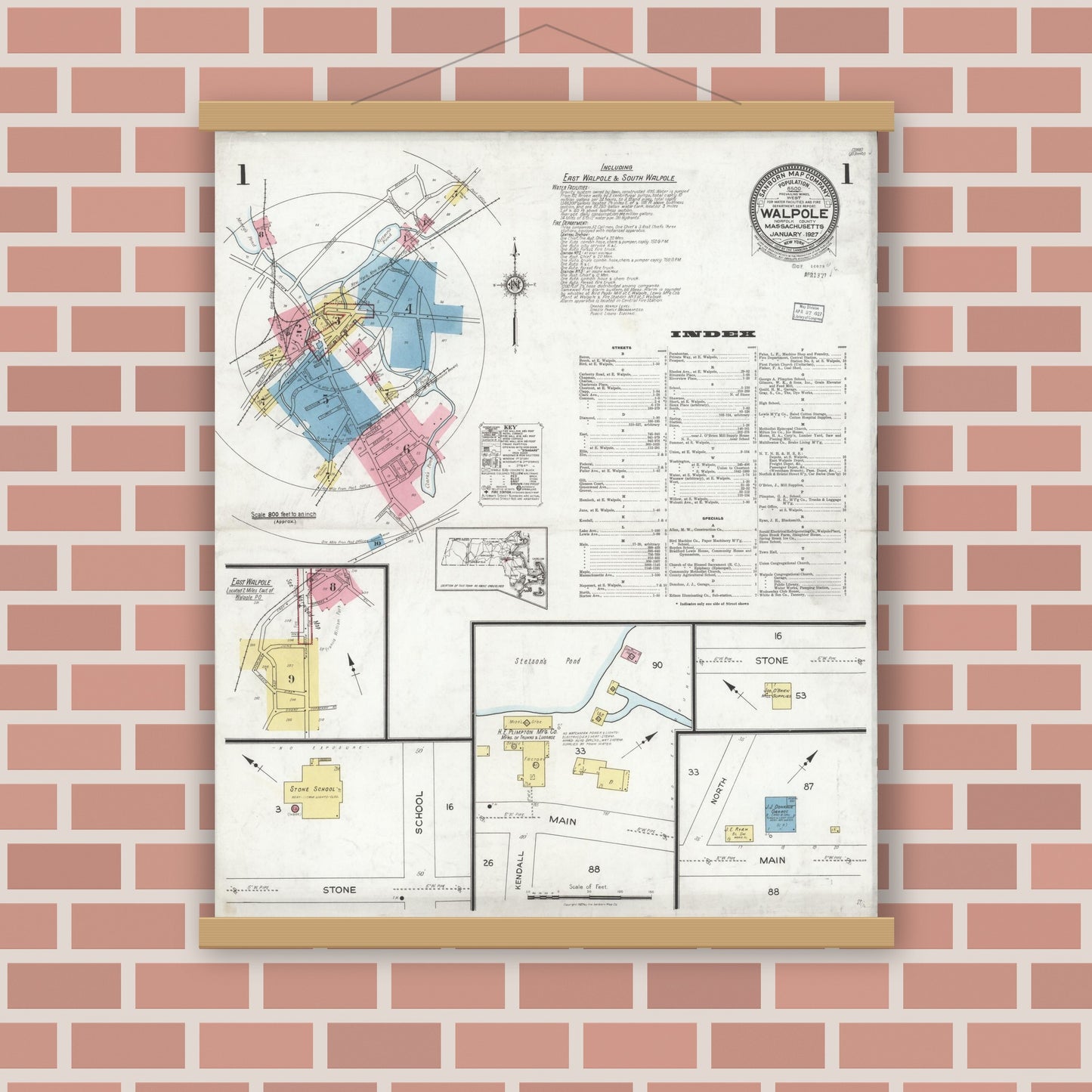 Old map wall art mockup — magnetic wood frame on brick wall — Sanborn Fire Insurance Map from Walpole, Norfolk County, Massachusetts (1927), Sheet #0001