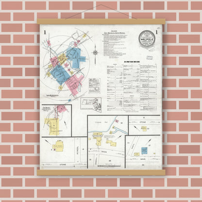 Old map wall art mockup — magnetic wood frame on brick wall — Sanborn Fire Insurance Map from Walpole, Norfolk County, Massachusetts (1927), Sheet #0001