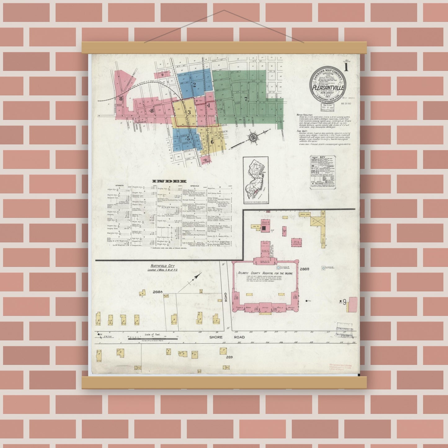 Old map wall art mockup — magnetic wood frame on brick wall — Sanborn Fire Insurance Map from Pleasantville, Atlantic County, New Jersey (1917), Sheet #0001