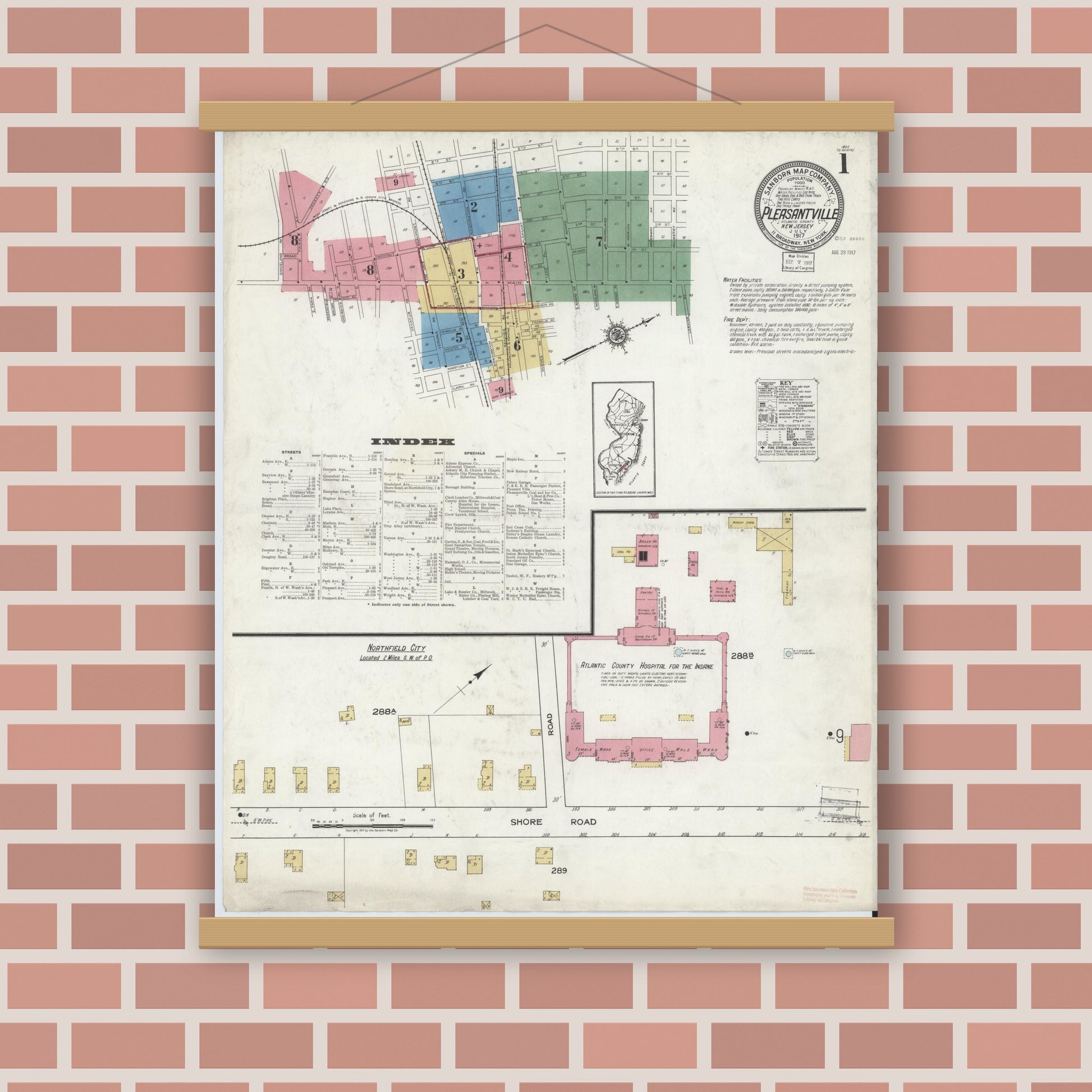 Old map wall art mockup — magnetic wood frame on brick wall — Sanborn Fire Insurance Map from Pleasantville, Atlantic County, New Jersey (1917), Sheet #0001
