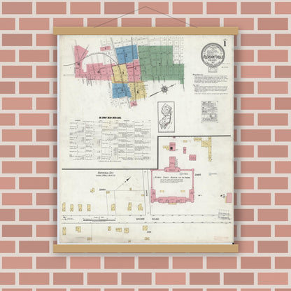 Old map wall art mockup — magnetic wood frame on brick wall — Sanborn Fire Insurance Map from Pleasantville, Atlantic County, New Jersey (1917), Sheet #0001