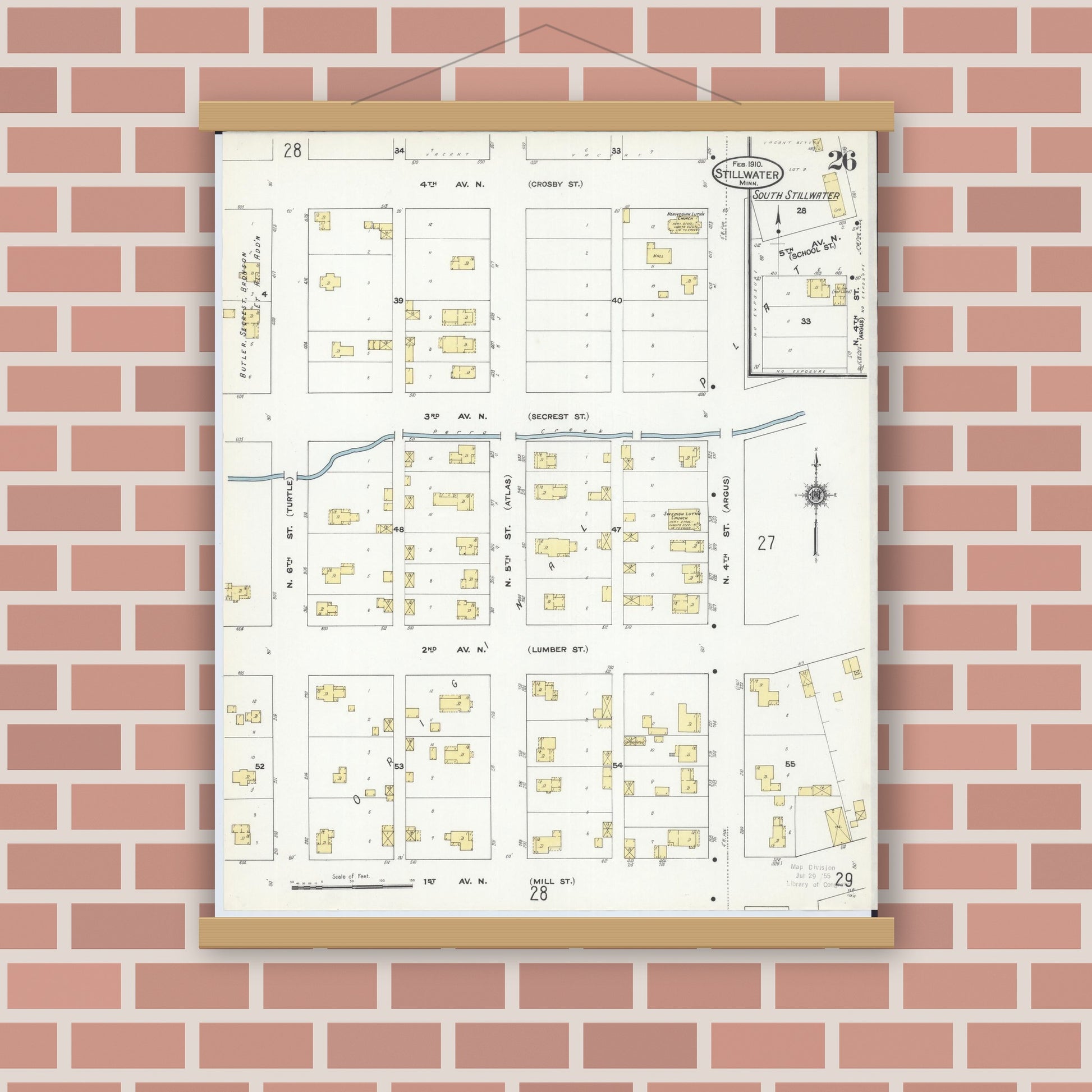 Old map wall art mockup — magnetic wood frame on brick wall — Sanborn Fire Insurance Map from Stillwater, Washington County, Minnesota (1910), Sheet #0026