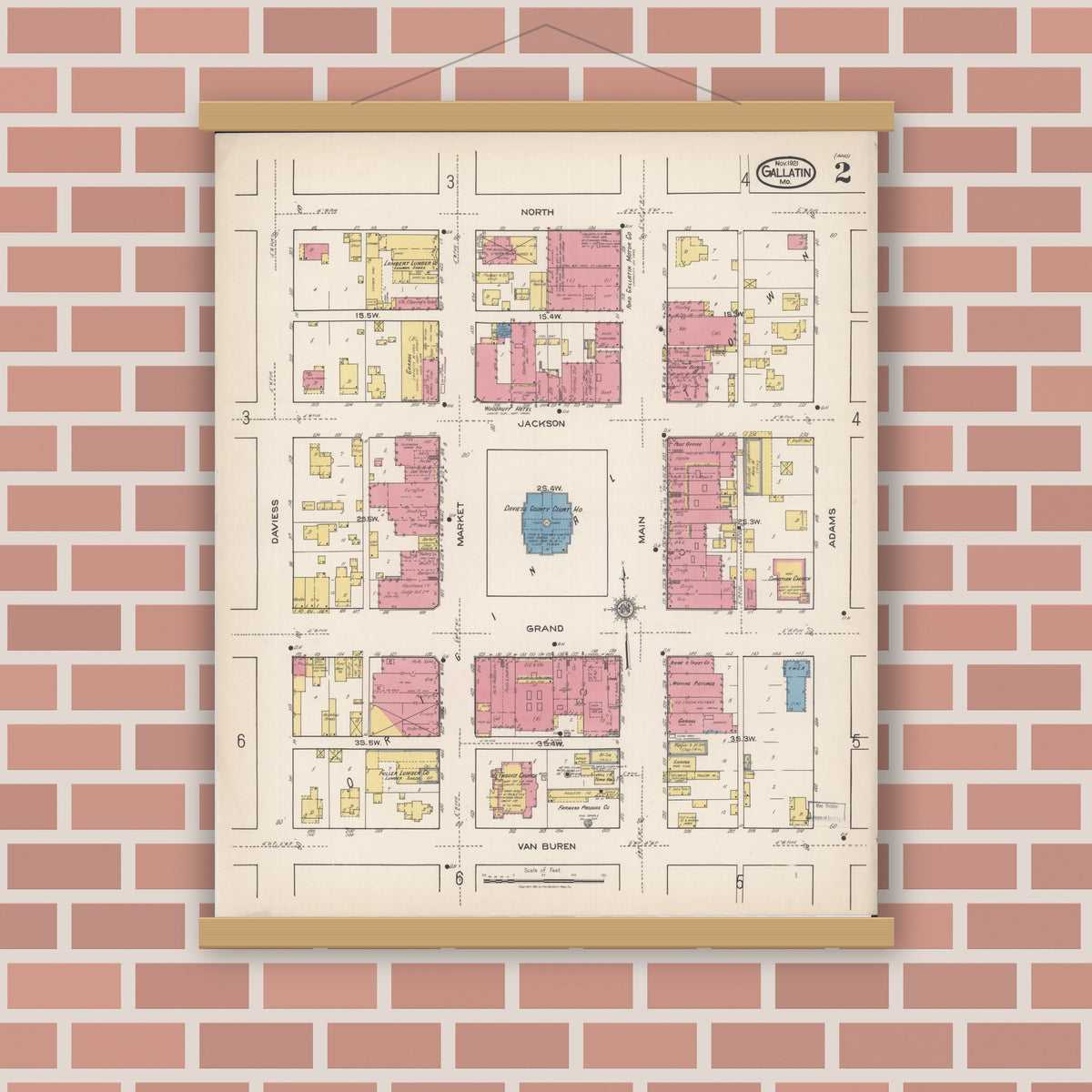 Old map wall art mockup — magnetic wood frame on brick wall — Sanborn Fire Insurance Map from Gallatin, Daviess County, Missouri (1921), Sheet #0002