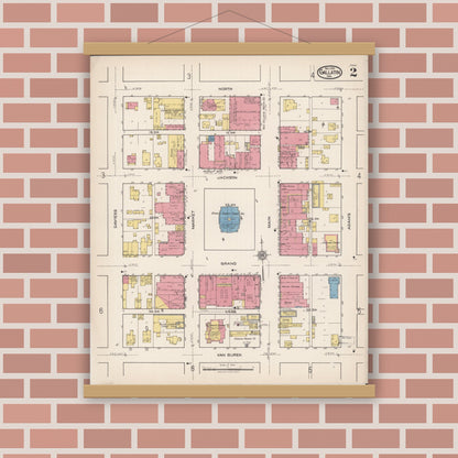 Old map wall art mockup — magnetic wood frame on brick wall — Sanborn Fire Insurance Map from Gallatin, Daviess County, Missouri (1921), Sheet #0002