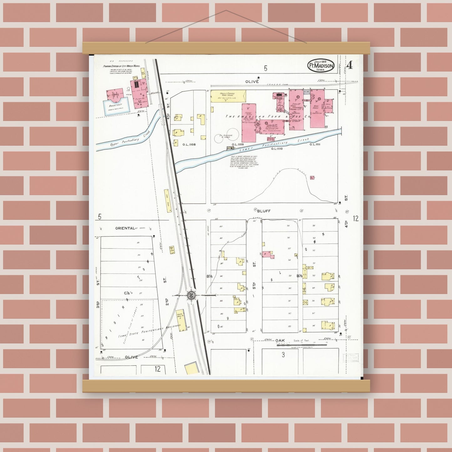 Old map wall art mockup — magnetic wood frame on brick wall — Sanborn Fire Insurance Map from Fort Madison, Lee County, Iowa (1919), Sheet #0004