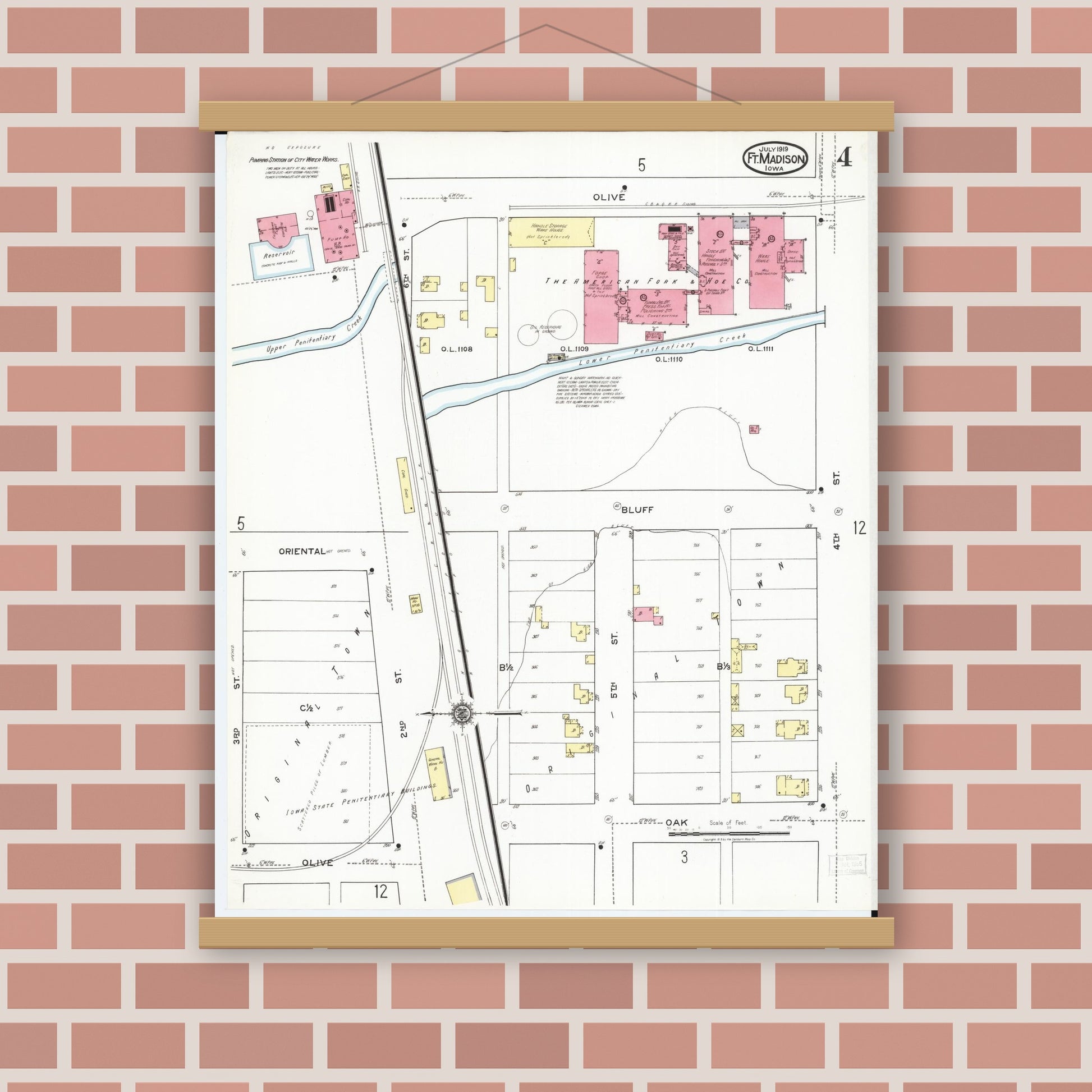 Old map wall art mockup — magnetic wood frame on brick wall — Sanborn Fire Insurance Map from Fort Madison, Lee County, Iowa (1919), Sheet #0004