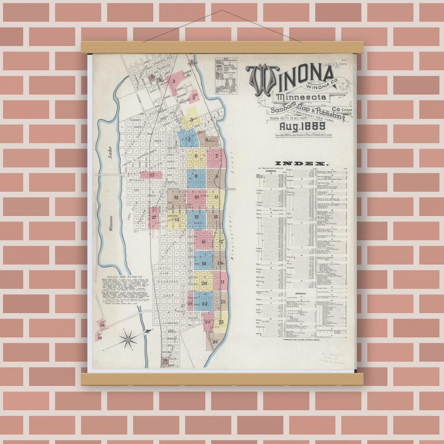Old map wall art mockup — magnetic wood frame on brick wall — Sanborn Fire Insurance Map from Winona, Winona County, Minnesota (1889) - Complete Map Set