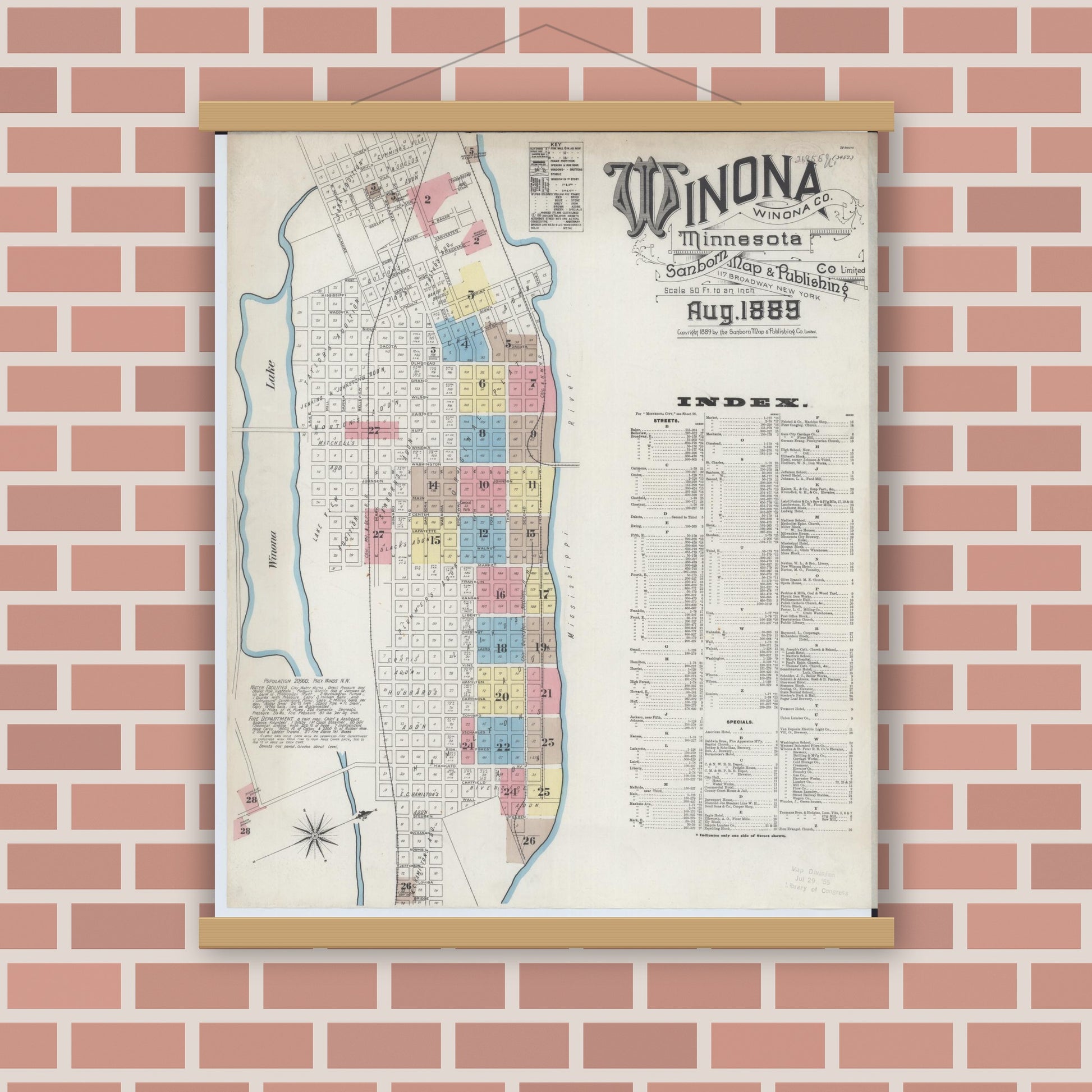 Old map wall art mockup — magnetic wood frame on brick wall — Sanborn Fire Insurance Map from Winona, Winona County, Minnesota (1889) - Complete Map Set