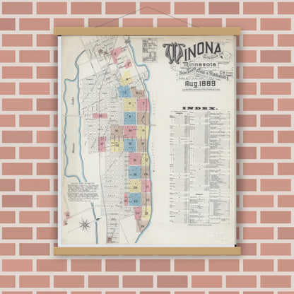 Old map wall art mockup — magnetic wood frame on brick wall — Sanborn Fire Insurance Map from Winona, Winona County, Minnesota (1889) - Complete Map Set