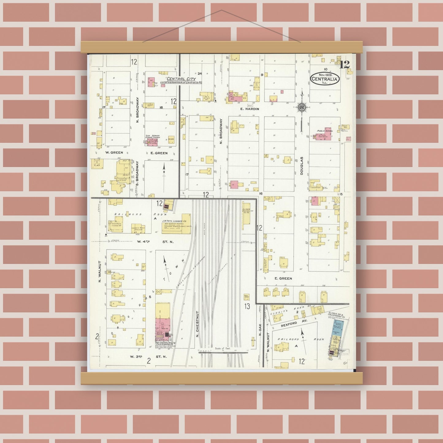 Old map wall art mockup — magnetic wood frame on brick wall — Sanborn Fire Insurance Map from Centralia, Marion, Clinton, Jefferson, and Washington Counties, Illinois (1909), Sheet #0012