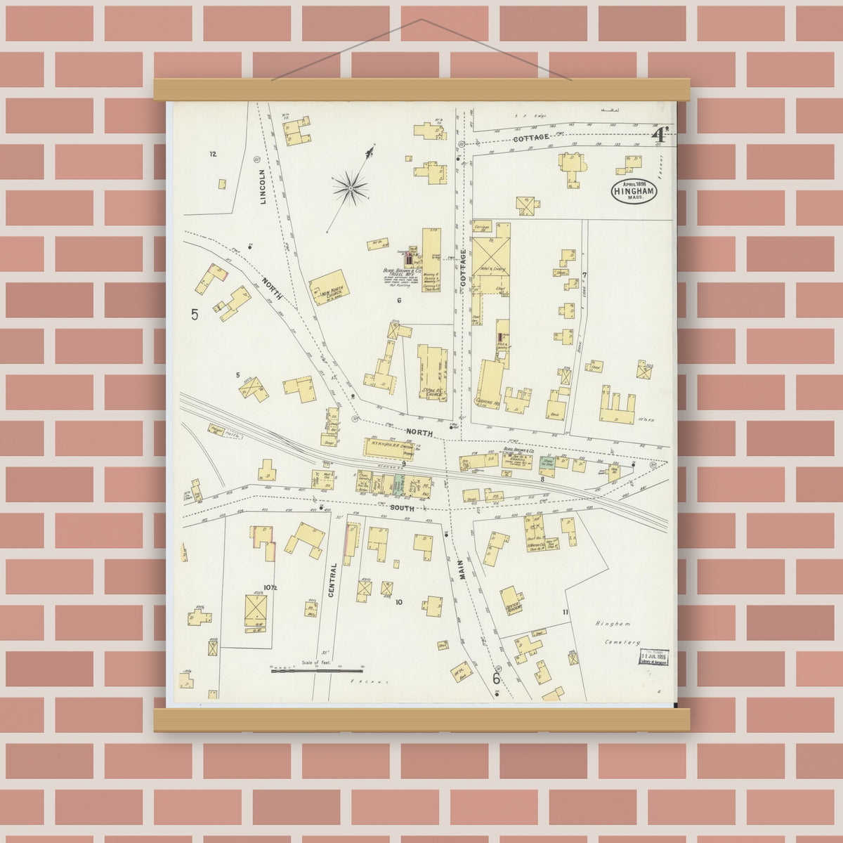 Old map wall art mockup — magnetic wood frame on brick wall — Sanborn Fire Insurance Map from Hingham, Plymouth County, Massachusetts (1898), Sheet #0004