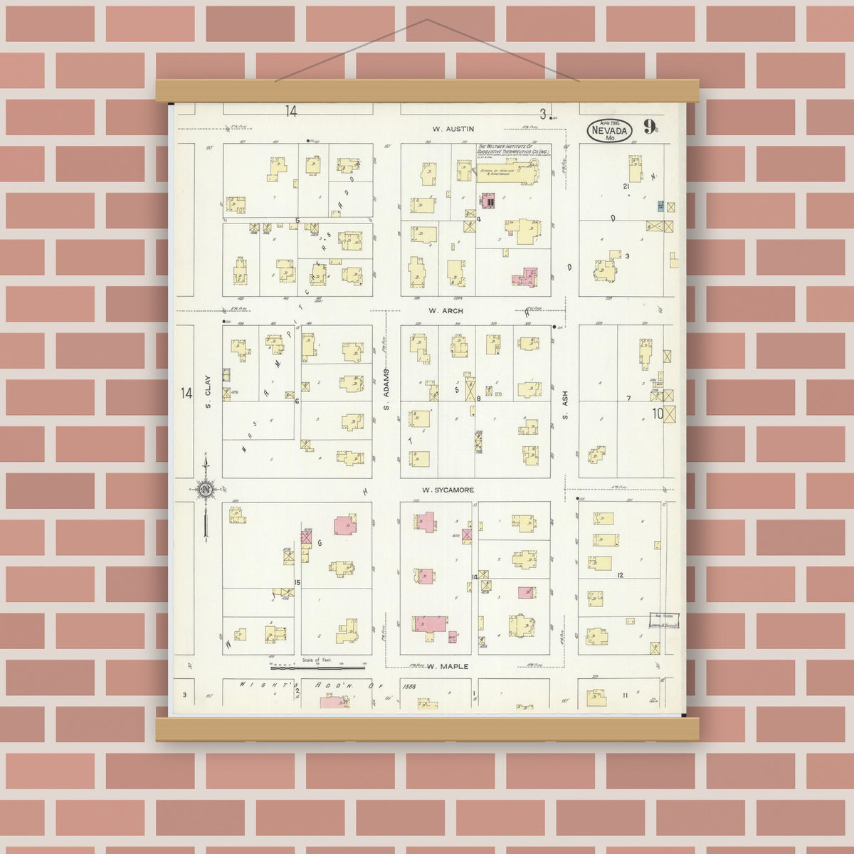 Old map wall art mockup — magnetic wood frame on brick wall — Sanborn Fire Insurance Map from Nevada, Vernon County, Missouri (1914), Sheet #0009