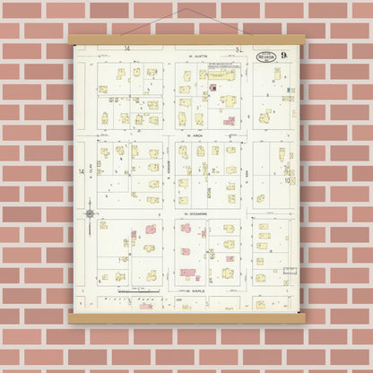 Old map wall art mockup — magnetic wood frame on brick wall — Sanborn Fire Insurance Map from Nevada, Vernon County, Missouri (1914), Sheet #0009