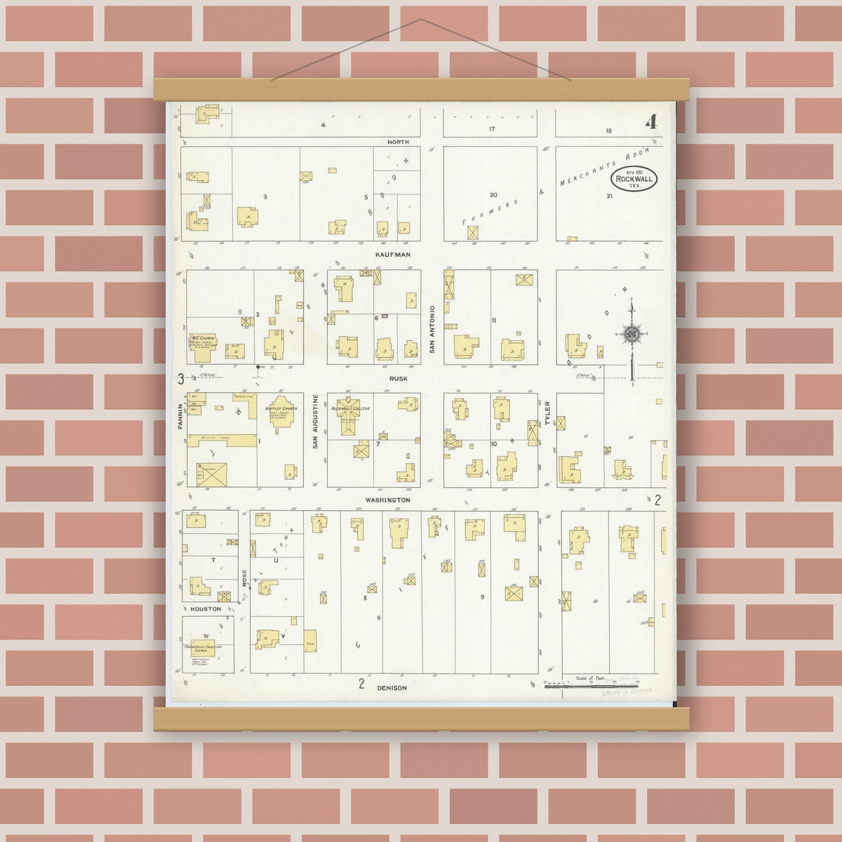 Old map wall art mockup — magnetic wood frame on brick wall — Sanborn Fire Insurance Map from Rockwall, Rockwall County, Texas (1911), Sheet #0004