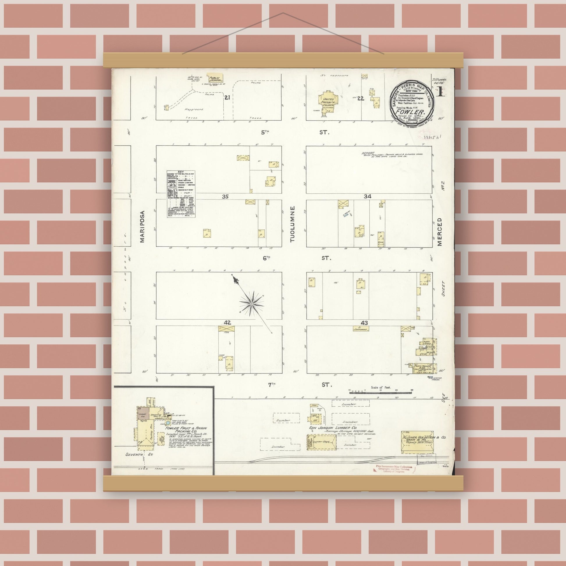 Old map wall art mockup — magnetic wood frame on brick wall — Sanborn Fire Insurance Map from Fowler, Fresno County, California (1891) - Complete Map Set