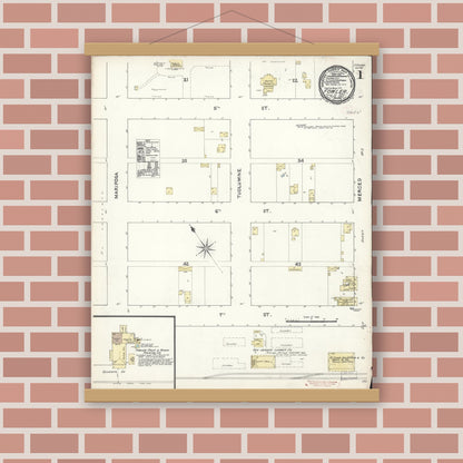 Old map wall art mockup — magnetic wood frame on brick wall — Sanborn Fire Insurance Map from Fowler, Fresno County, California (1891) - Complete Map Set