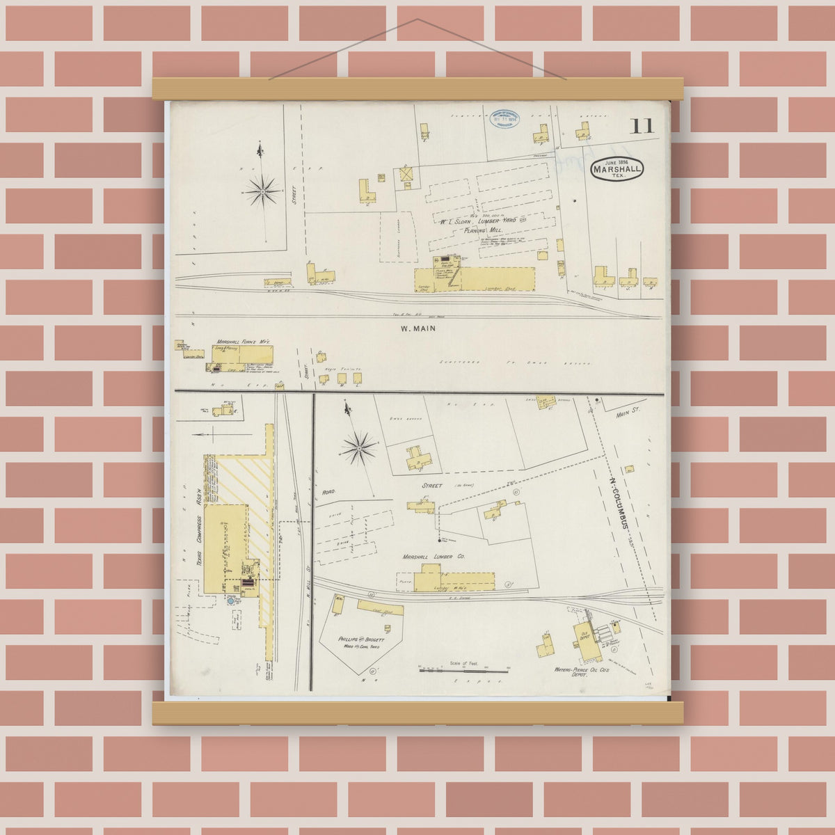 Old map wall art mockup — magnetic wood frame on brick wall — Sanborn Fire Insurance Map from Marshall, Harrison County, Texas (1894), Sheet #0011