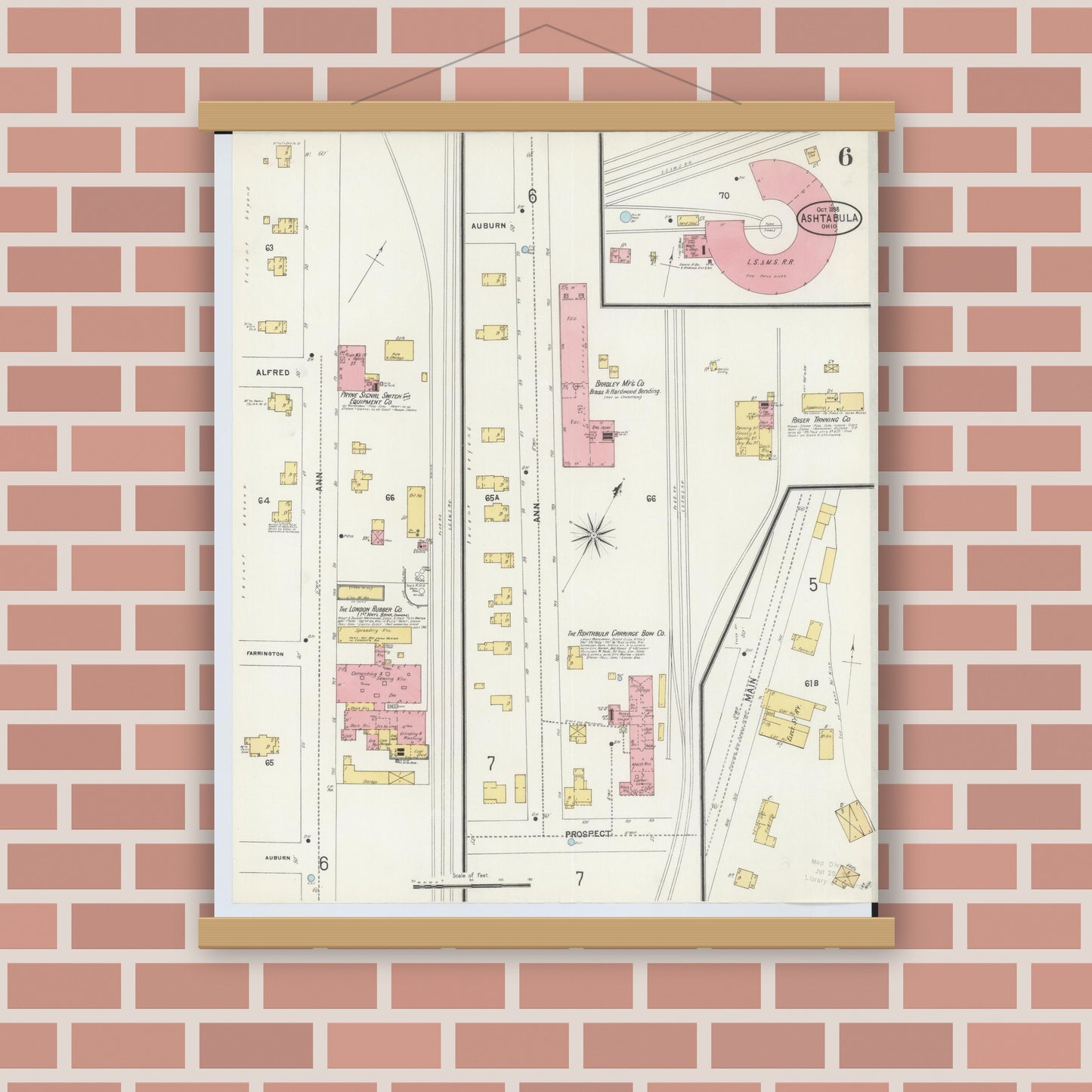 Old map wall art mockup — magnetic wood frame on brick wall — Sanborn Fire Insurance Map from Ashtabula, Ashtabula County, Ohio (1898), Sheet #0006