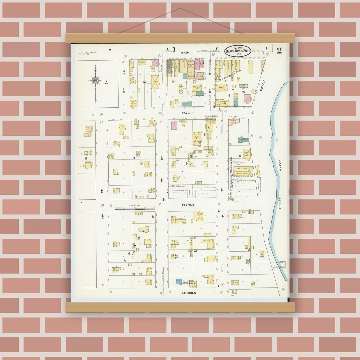 Old map wall art mockup — magnetic wood frame on brick wall — Sanborn Fire Insurance Map from Black River Falls, Jackson County, Wisconsin (1909), Sheet #0002