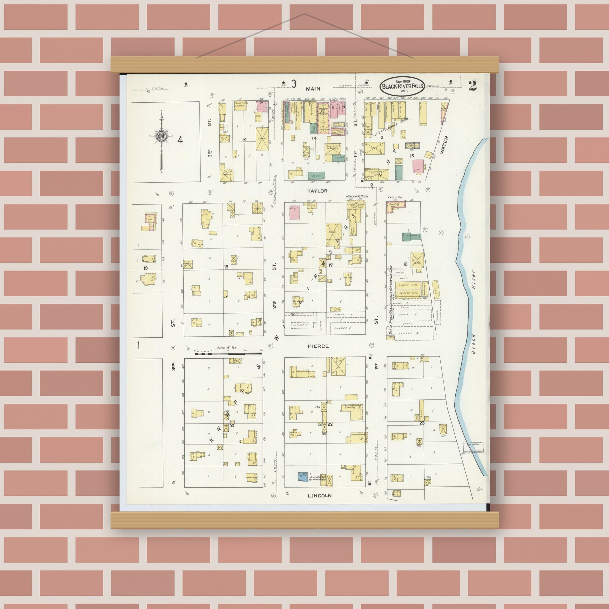 Old map wall art mockup — magnetic wood frame on brick wall — Sanborn Fire Insurance Map from Black River Falls, Jackson County, Wisconsin (1909), Sheet #0002