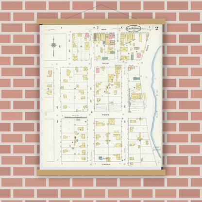 Old map wall art mockup — magnetic wood frame on brick wall — Sanborn Fire Insurance Map from Black River Falls, Jackson County, Wisconsin (1909), Sheet #0002