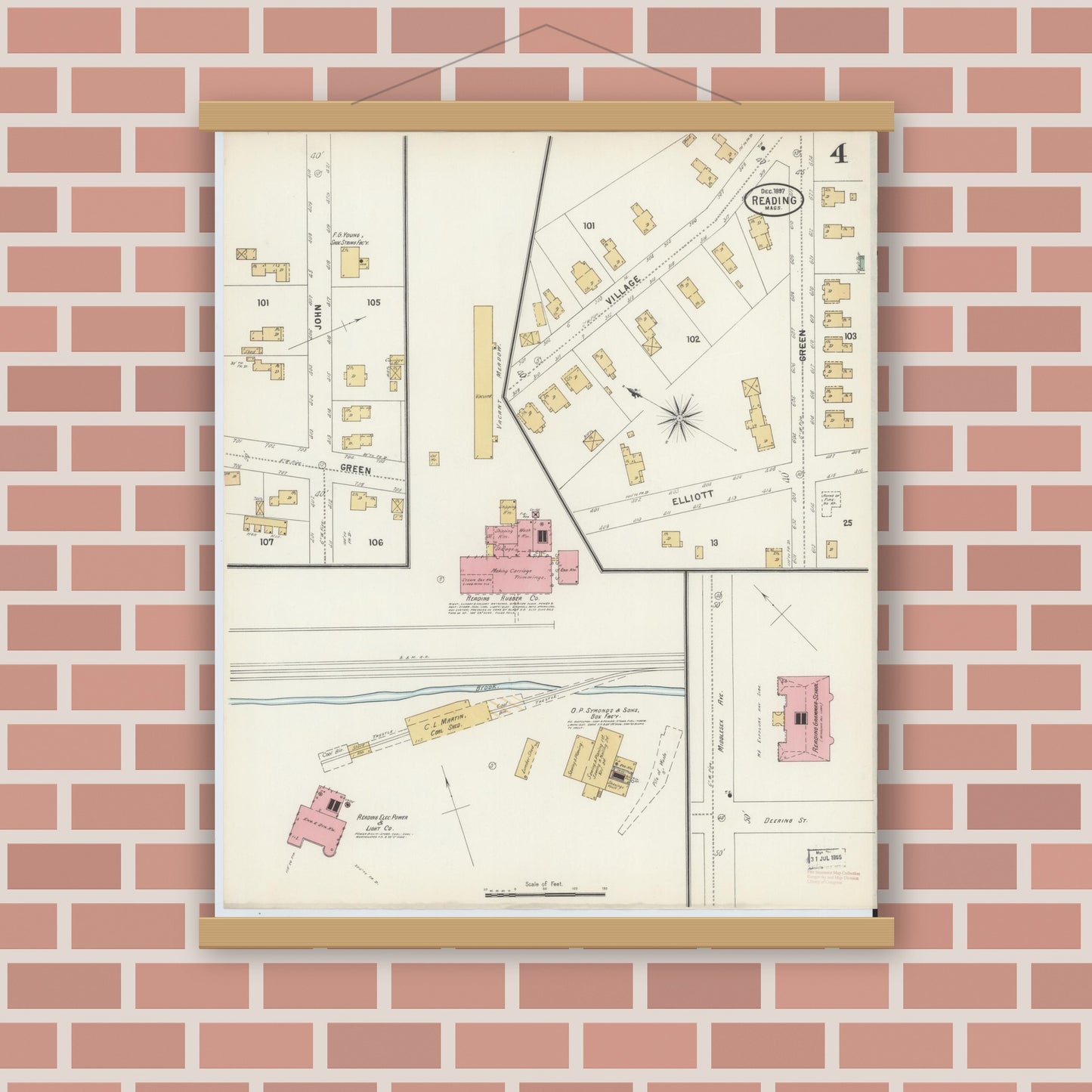 Old map wall art mockup — magnetic wood frame on brick wall — Sanborn Fire Insurance Map from Reading, Middlesex County, Massachusetts (1897), Sheet #0004