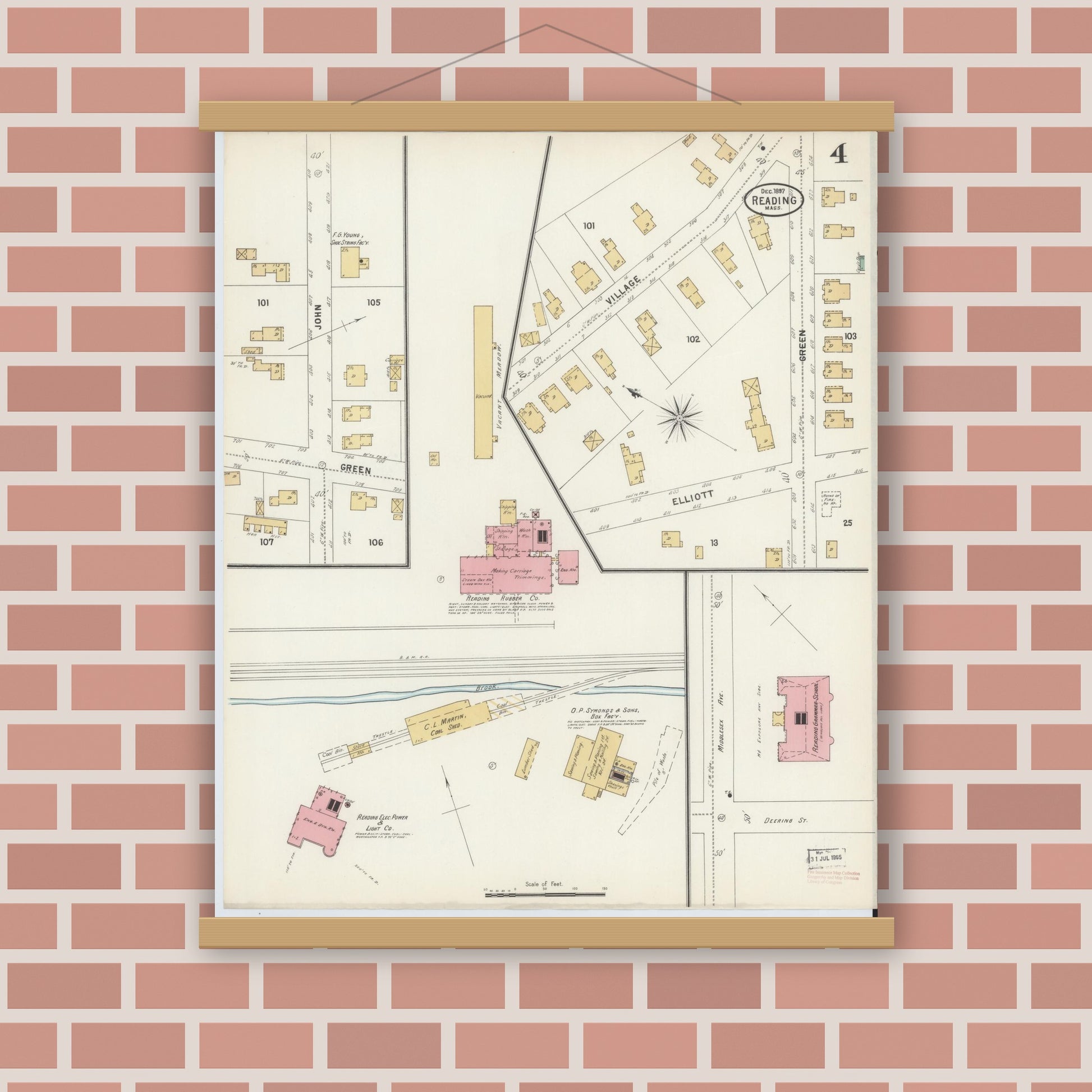 Old map wall art mockup — magnetic wood frame on brick wall — Sanborn Fire Insurance Map from Reading, Middlesex County, Massachusetts (1897), Sheet #0004