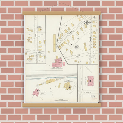 Old map wall art mockup — magnetic wood frame on brick wall — Sanborn Fire Insurance Map from Reading, Middlesex County, Massachusetts (1897), Sheet #0004