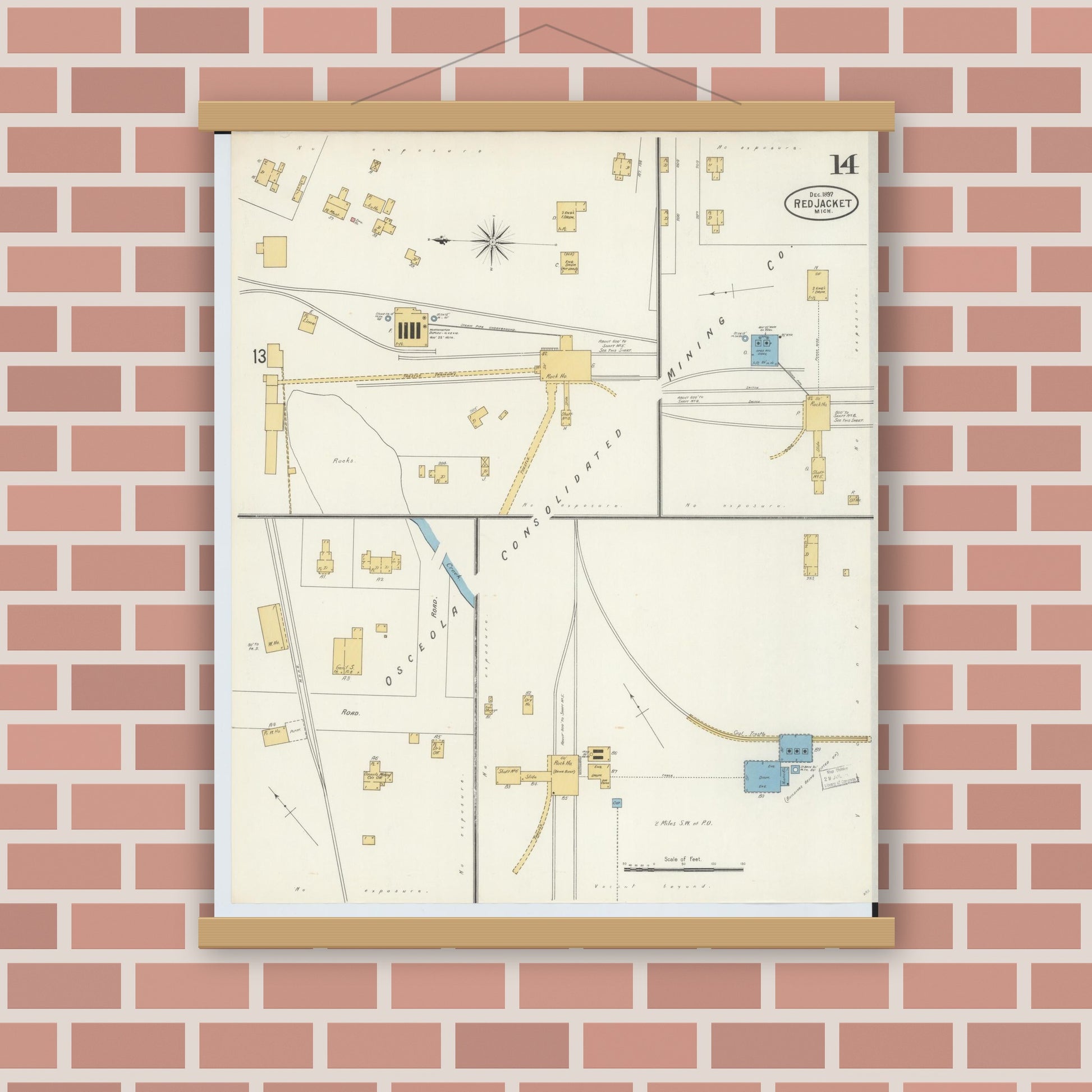Old map wall art mockup — magnetic wood frame on brick wall — Sanborn Fire Insurance Map from Red Jacket, Houghton County, Michigan (1897), Sheet #0014