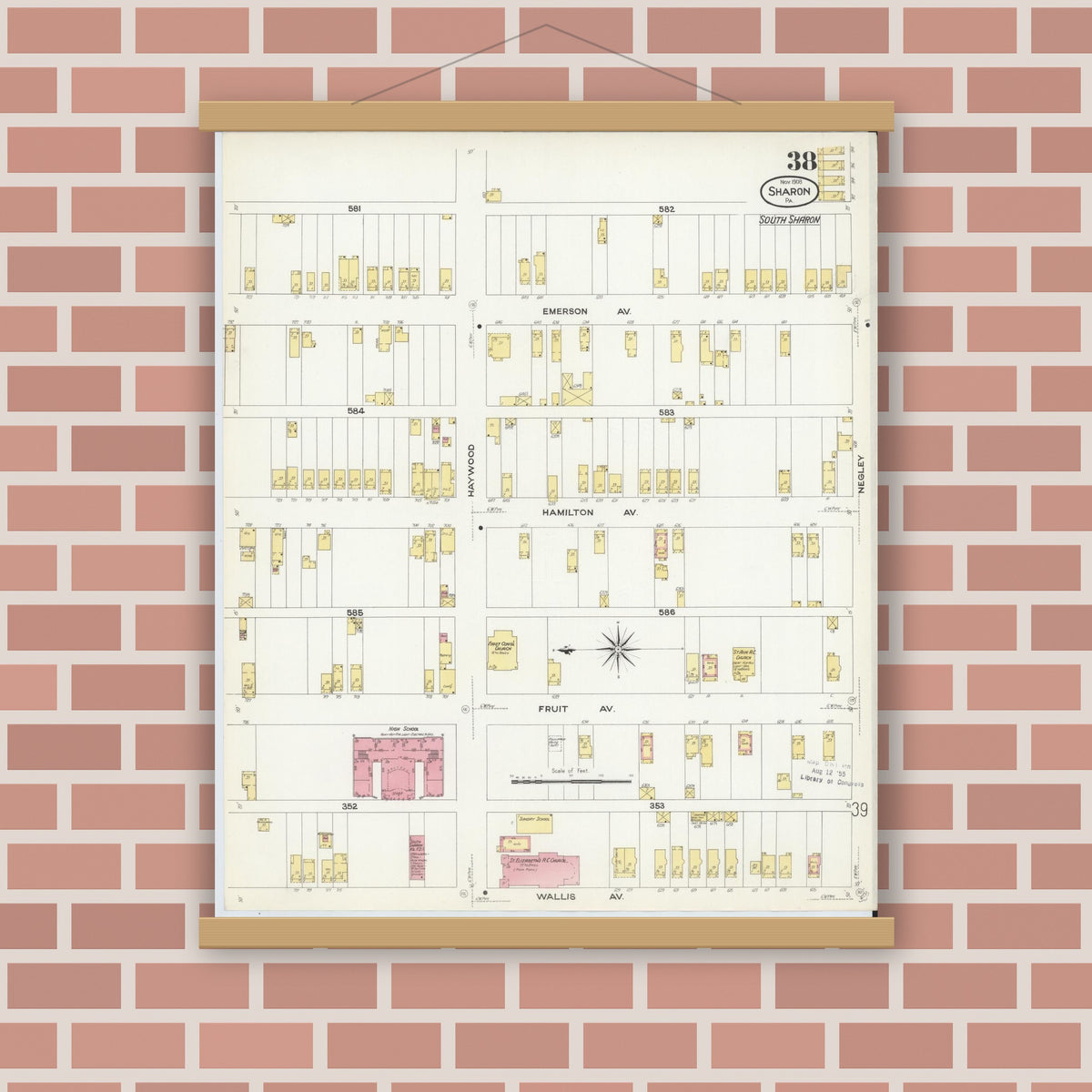 Old map wall art mockup — magnetic wood frame on brick wall — Sanborn Fire Insurance Map from Sharon, Mercer County, Pennsylvania (1908), Sheet #0038
