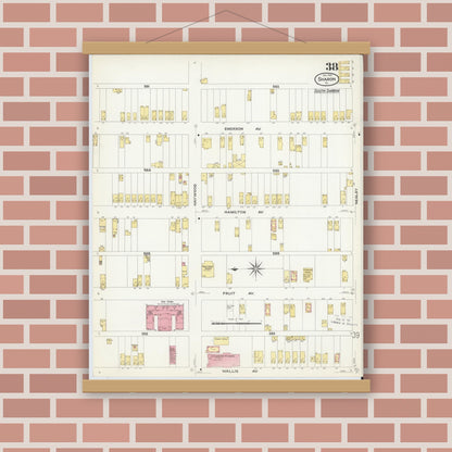 Old map wall art mockup — magnetic wood frame on brick wall — Sanborn Fire Insurance Map from Sharon, Mercer County, Pennsylvania (1908), Sheet #0038