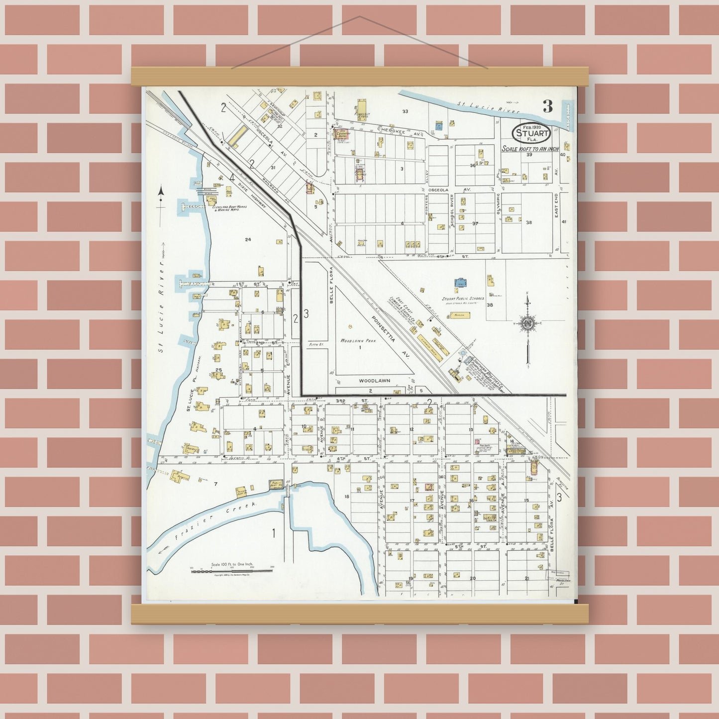 Old map wall art mockup — magnetic wood frame on brick wall — Sanborn Fire Insurance Map from Stuart, Martin County, Florida (1920), Sheet #0003