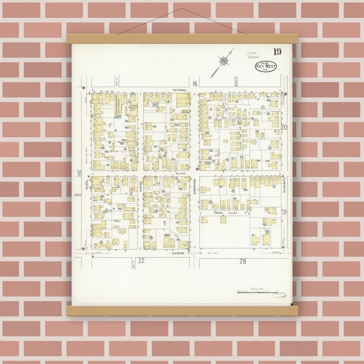 Old map wall art mockup — magnetic wood frame on brick wall — Sanborn Fire Insurance Map from Key West, Monroe County, Florida (1912), Sheet #0019