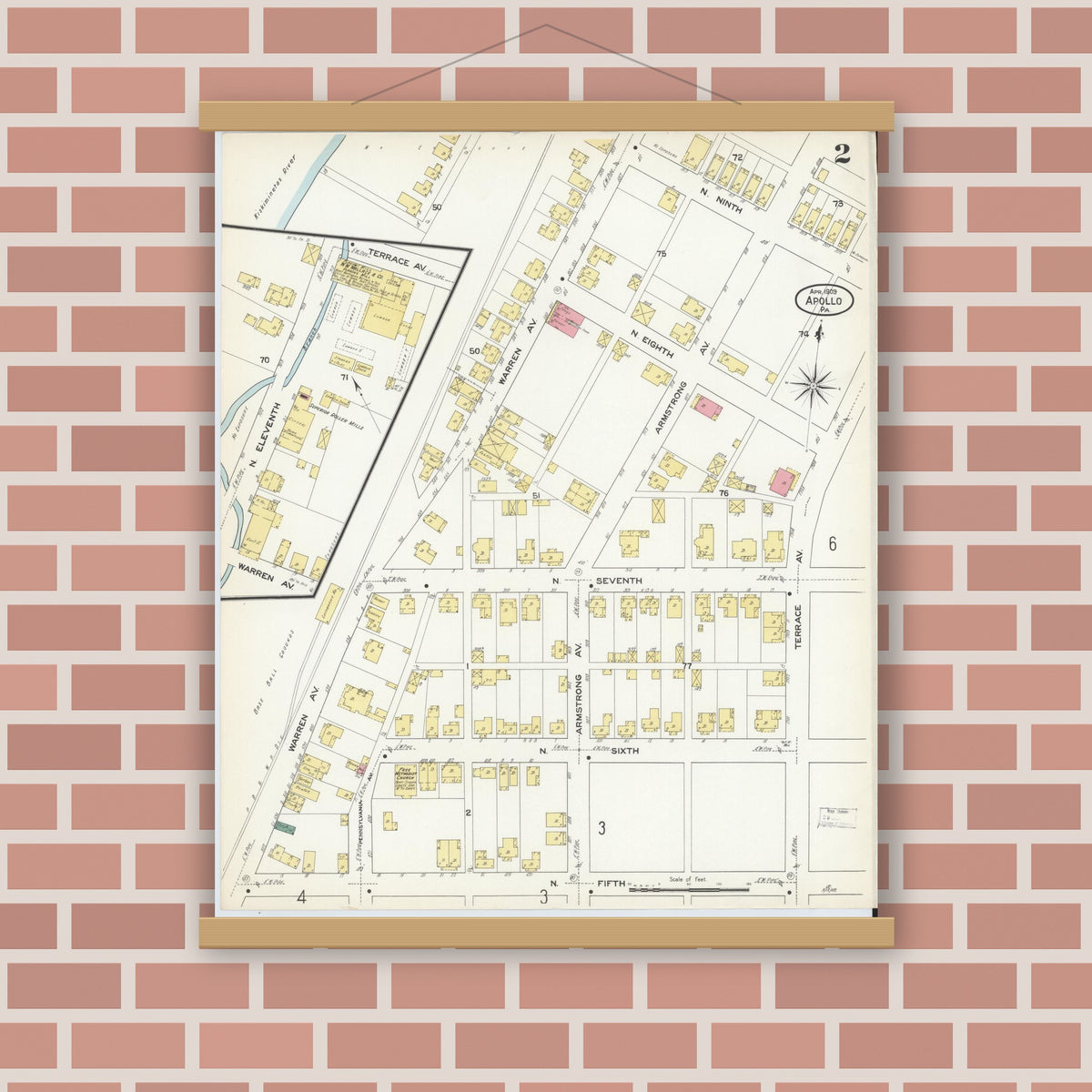 Old map wall art mockup — magnetic wood frame on brick wall — Sanborn Fire Insurance Map from Apollo, Armstrong County, Pennsylvania (1909), Sheet #0002