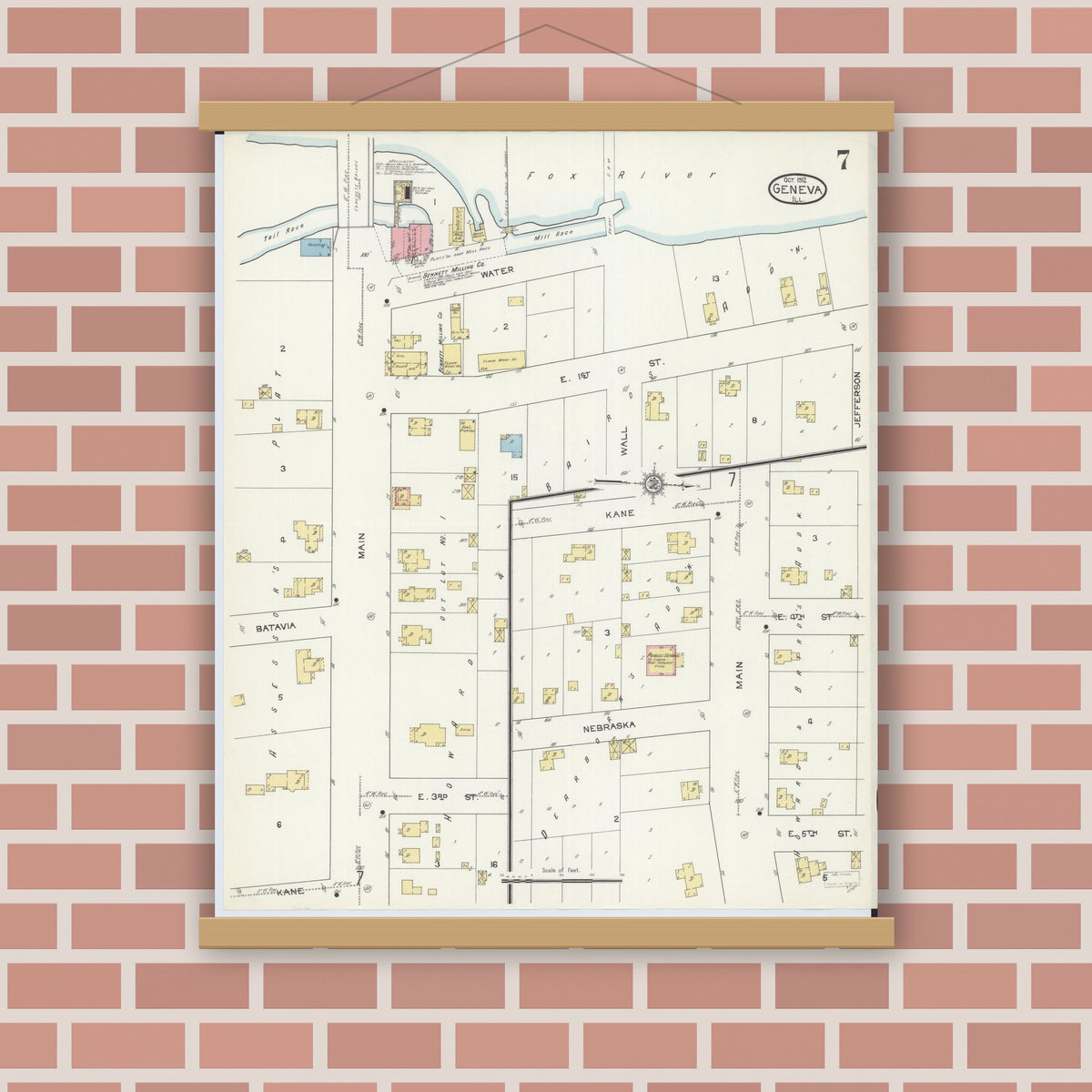 Old map wall art mockup — magnetic wood frame on brick wall — Sanborn Fire Insurance Map from Geneva, Kane County, Illinois (1912), Sheet #0007