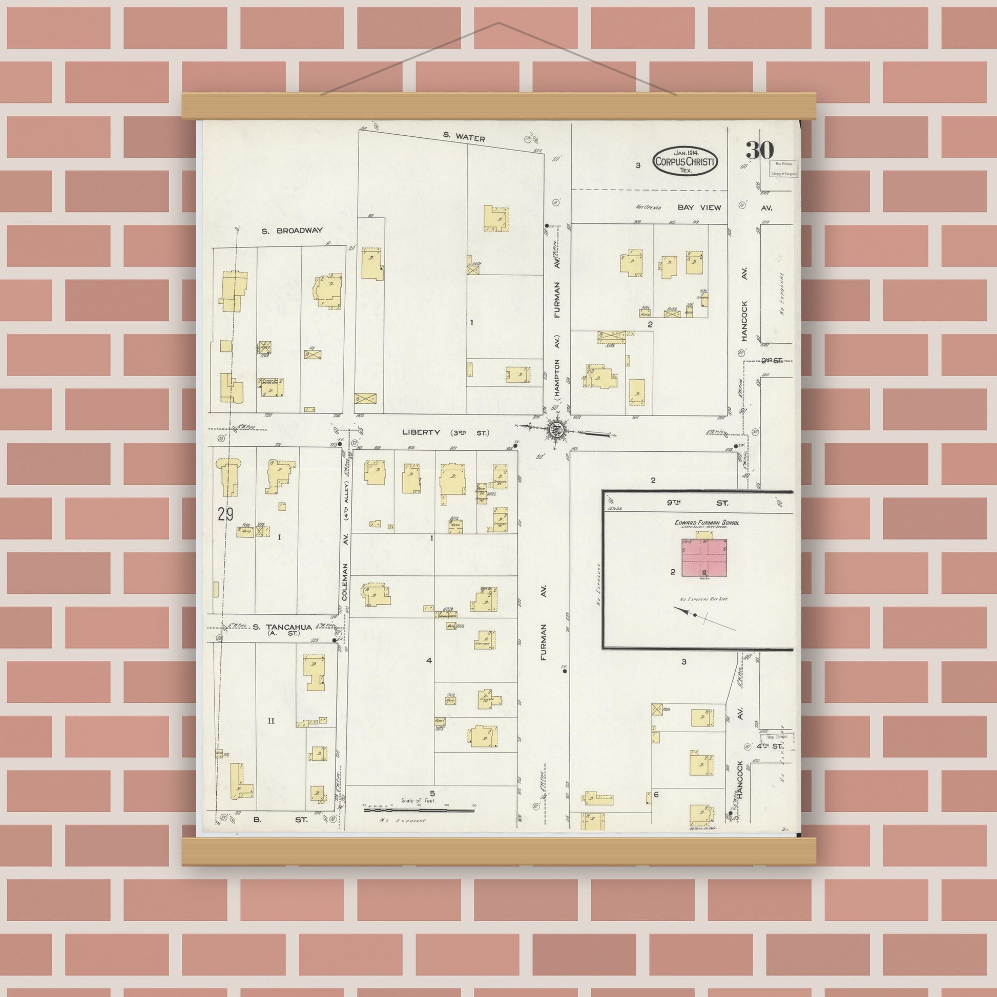 Old map wall art mockup — magnetic wood frame on brick wall — Sanborn Fire Insurance Map from Corpus Christi, Nueces County, Texas (1914), Sheet #0030