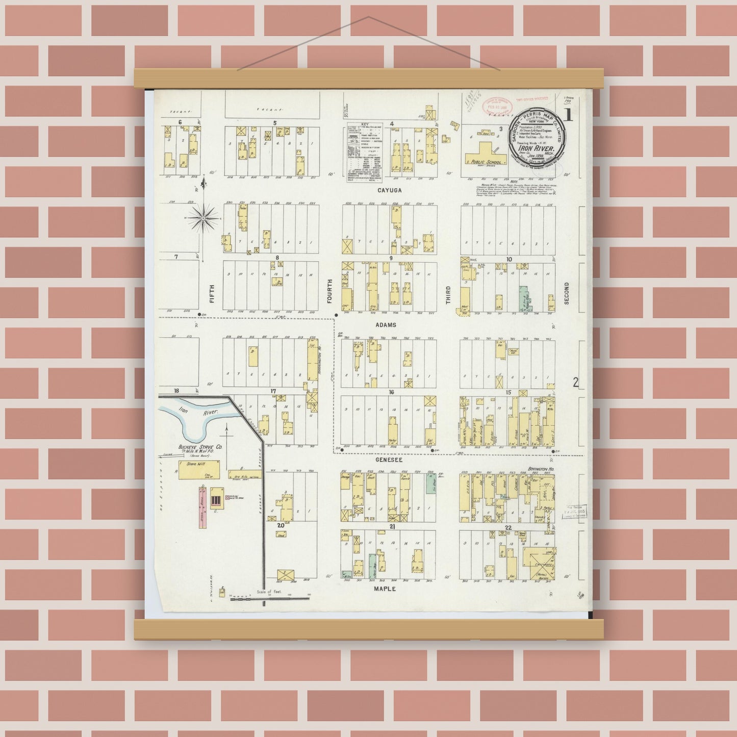 Old map wall art mockup — magnetic wood frame on brick wall — Sanborn Fire Insurance Map from Iron River, Iron County, Michigan (1898) - Complete Map Set