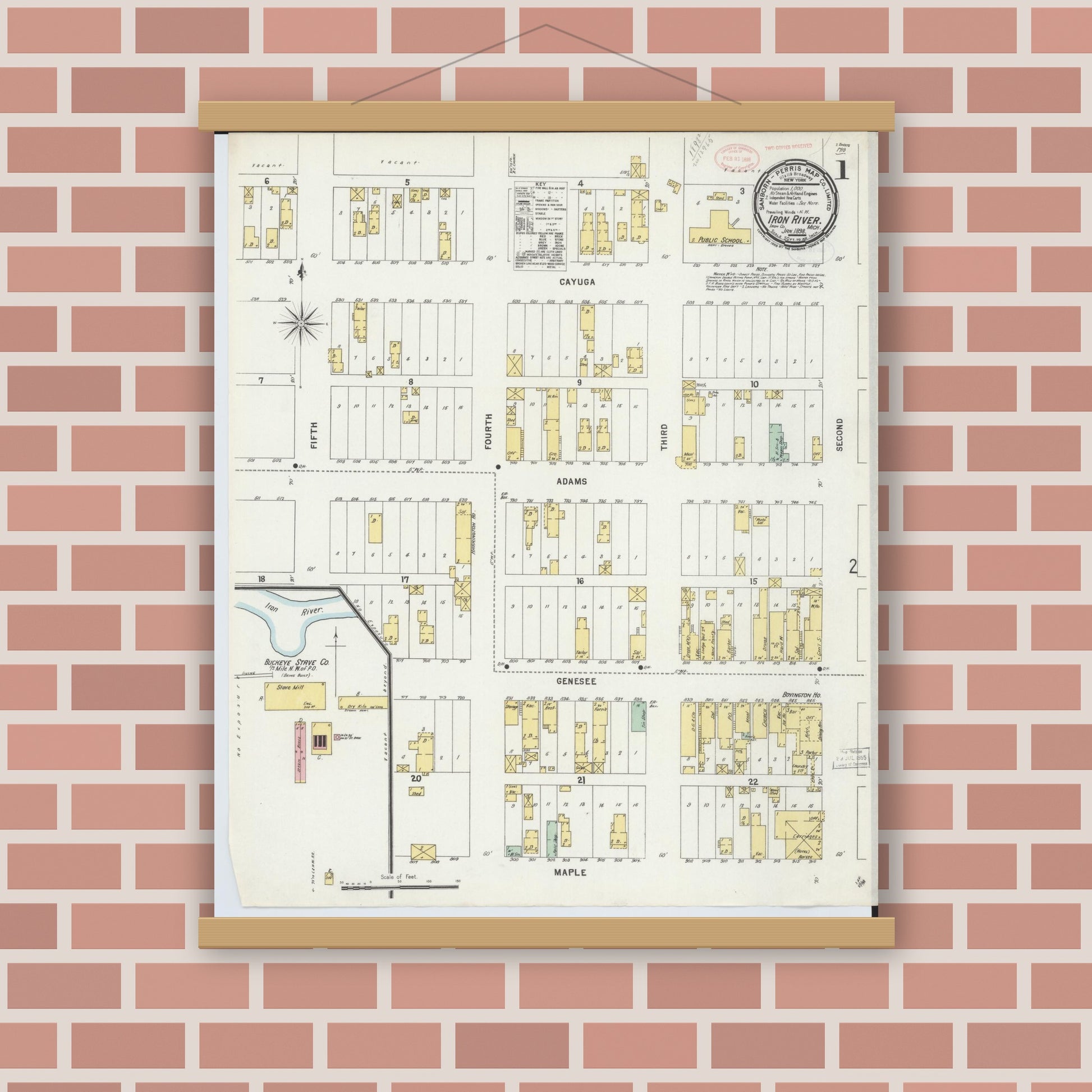 Old map wall art mockup — magnetic wood frame on brick wall — Sanborn Fire Insurance Map from Iron River, Iron County, Michigan (1898) - Complete Map Set