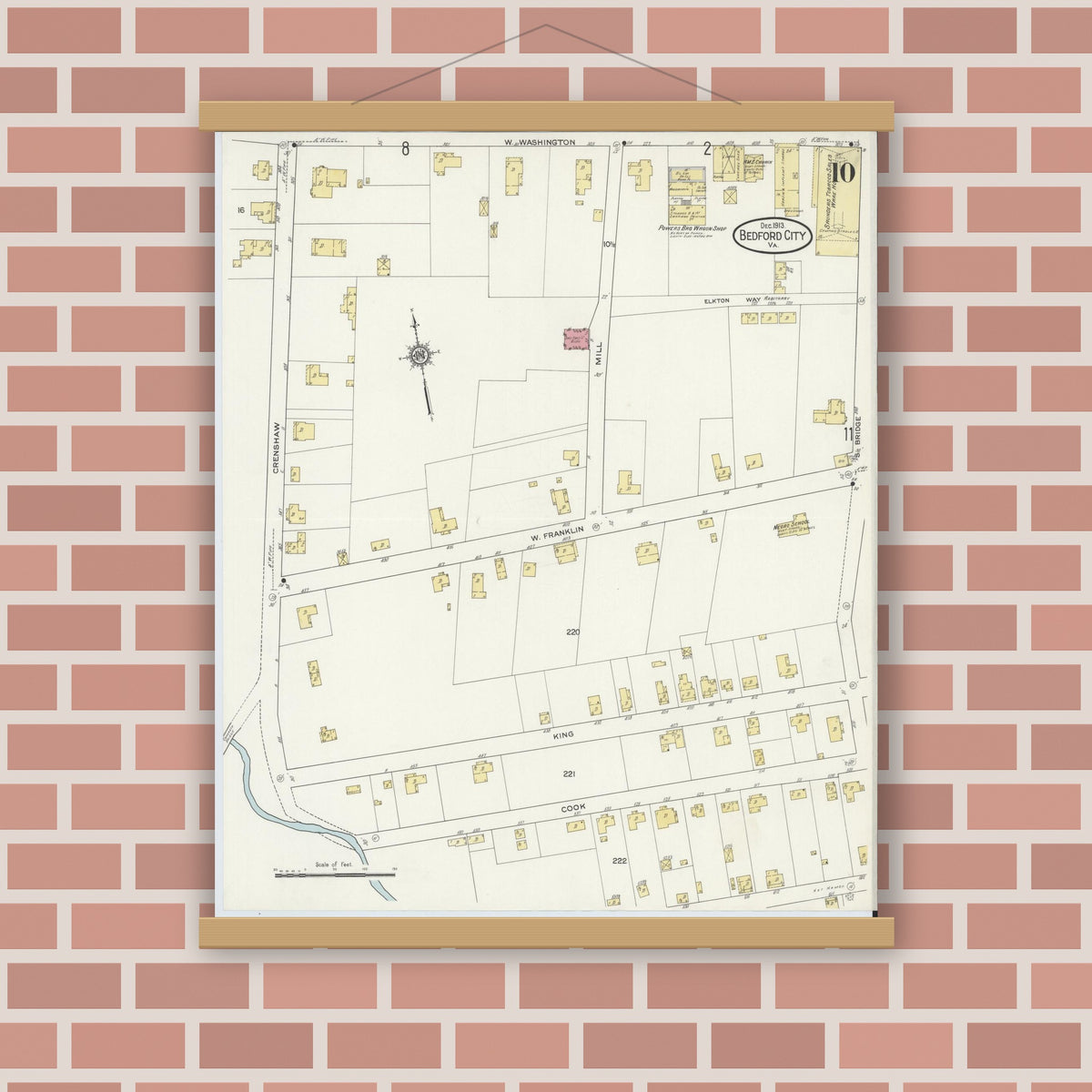 Old map wall art mockup — magnetic wood frame on brick wall — Sanborn Fire Insurance Map from Bedford, Independent Cities, Virginia (1913), Sheet #0010