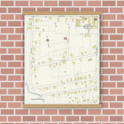 Old map wall art mockup — magnetic wood frame on brick wall — Sanborn Fire Insurance Map from Bedford, Independent Cities, Virginia (1913), Sheet #0010