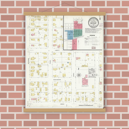 Old map wall art mockup — magnetic wood frame on brick wall — Sanborn Fire Insurance Map from Butler, De Kalb County, Indiana (1907) - Complete Map Set