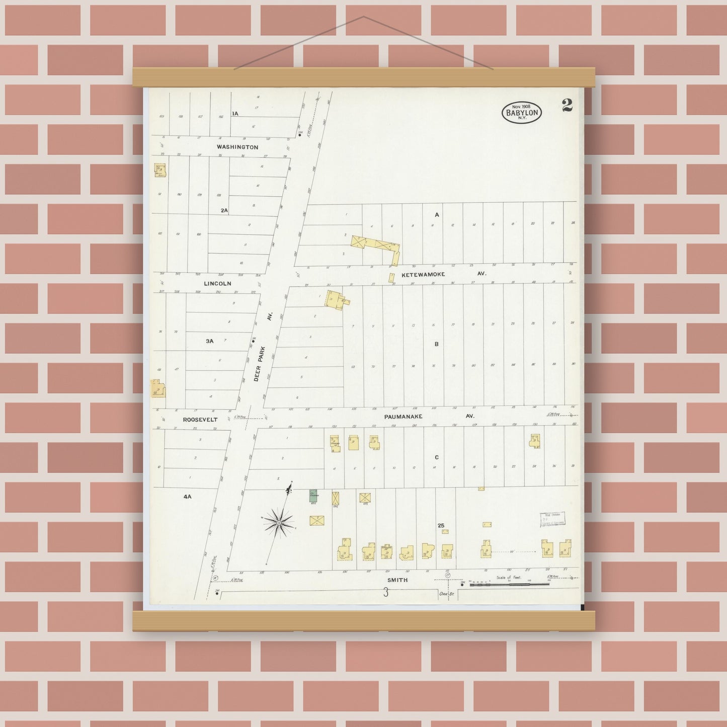 Old map wall art mockup — magnetic wood frame on brick wall — Sanborn Fire Insurance Map from Babylon, Suffolk County, New York (1908), Sheet #0002
