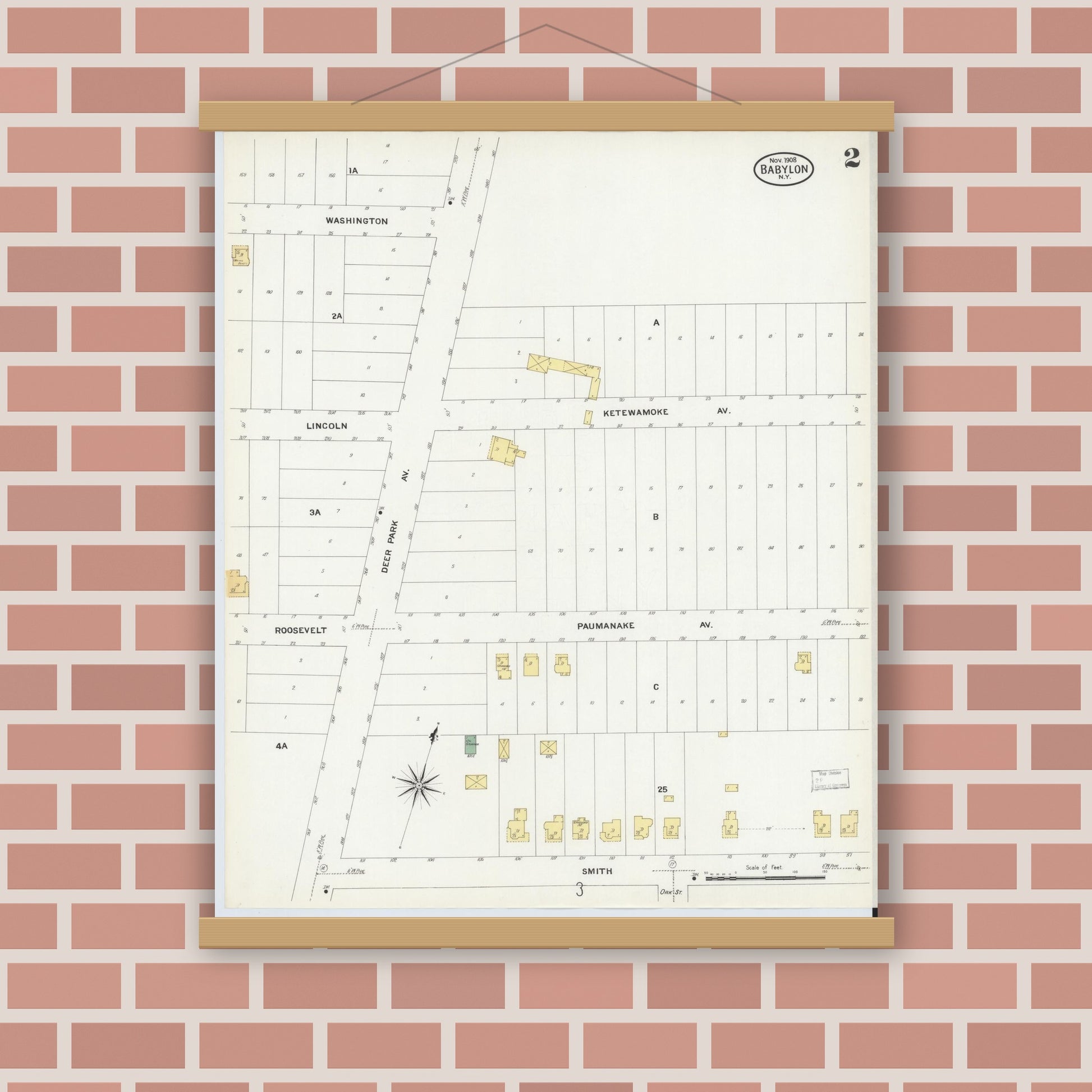 Old map wall art mockup — magnetic wood frame on brick wall — Sanborn Fire Insurance Map from Babylon, Suffolk County, New York (1908), Sheet #0002