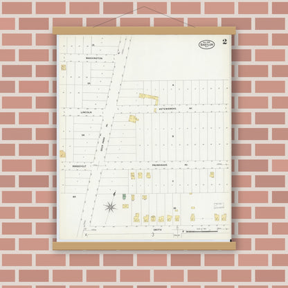 Old map wall art mockup — magnetic wood frame on brick wall — Sanborn Fire Insurance Map from Babylon, Suffolk County, New York (1908), Sheet #0002
